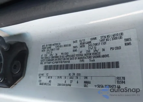 2015 Ford F-150 Xl z USA, uszkodzony, nr VIN 1FTMF1CP8FFB70918